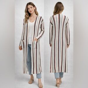 Lost + Wander Striped Knit Duster Cardigan Cream Red Blue XS S Women Boho